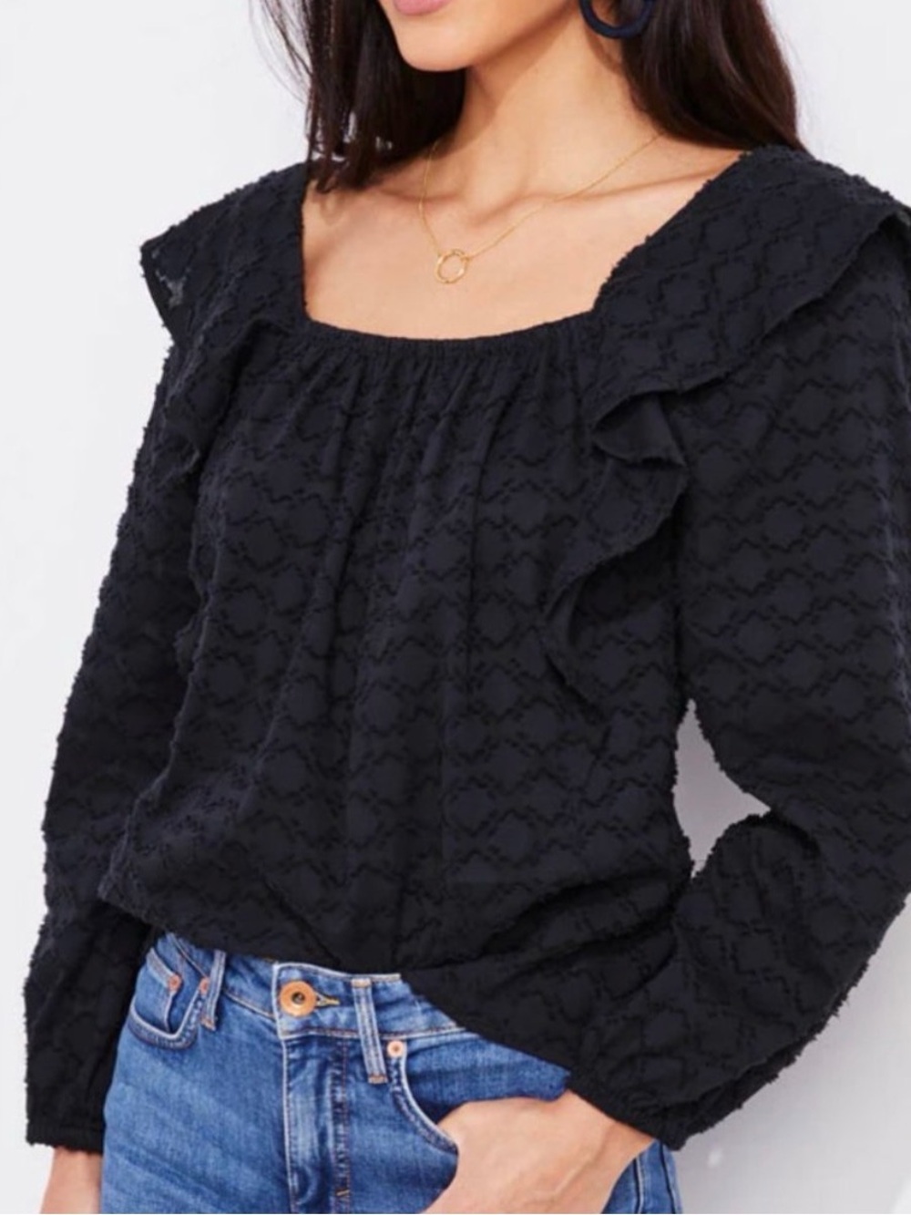 Vineyard Vines Black Textured Cotton Ruffle Blouse Preppy Women’s Sz Large